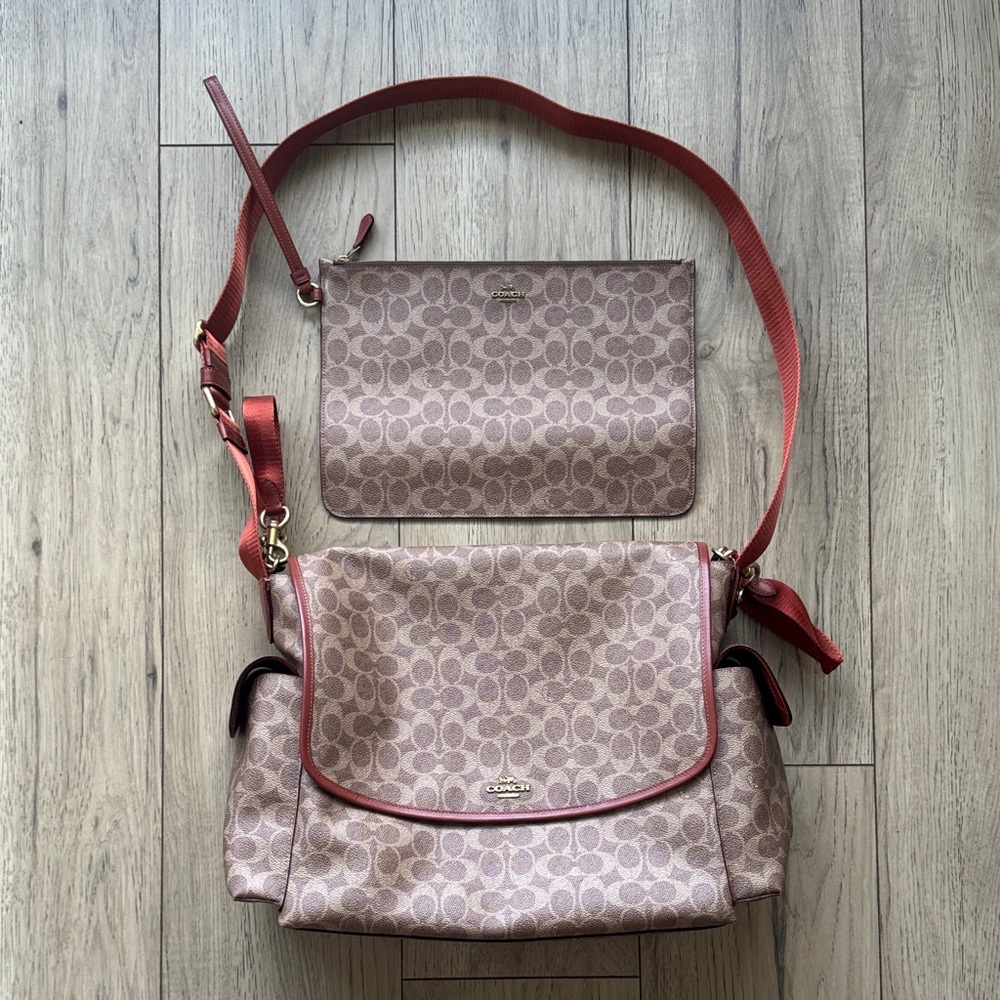 Coach Baby Messenger Bag Signature Canvas C Design Brown Tan With Zipper Pouch